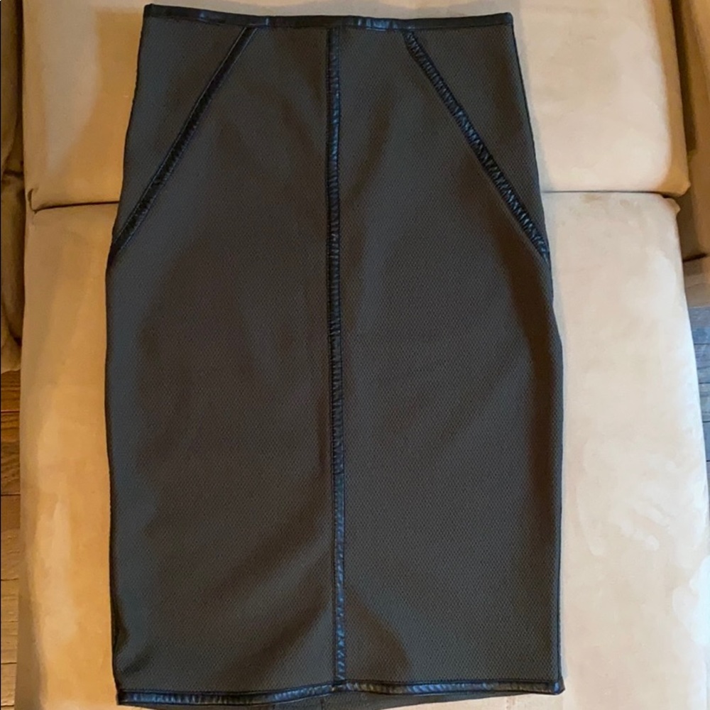 Gorgeous olive Neoprene pencil skirt-leather trim.